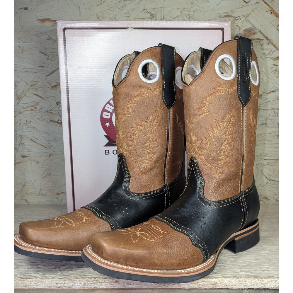 Original Michel Men's Rodeo Boots Western Square Toe Honey Black Leather 10.5 EE